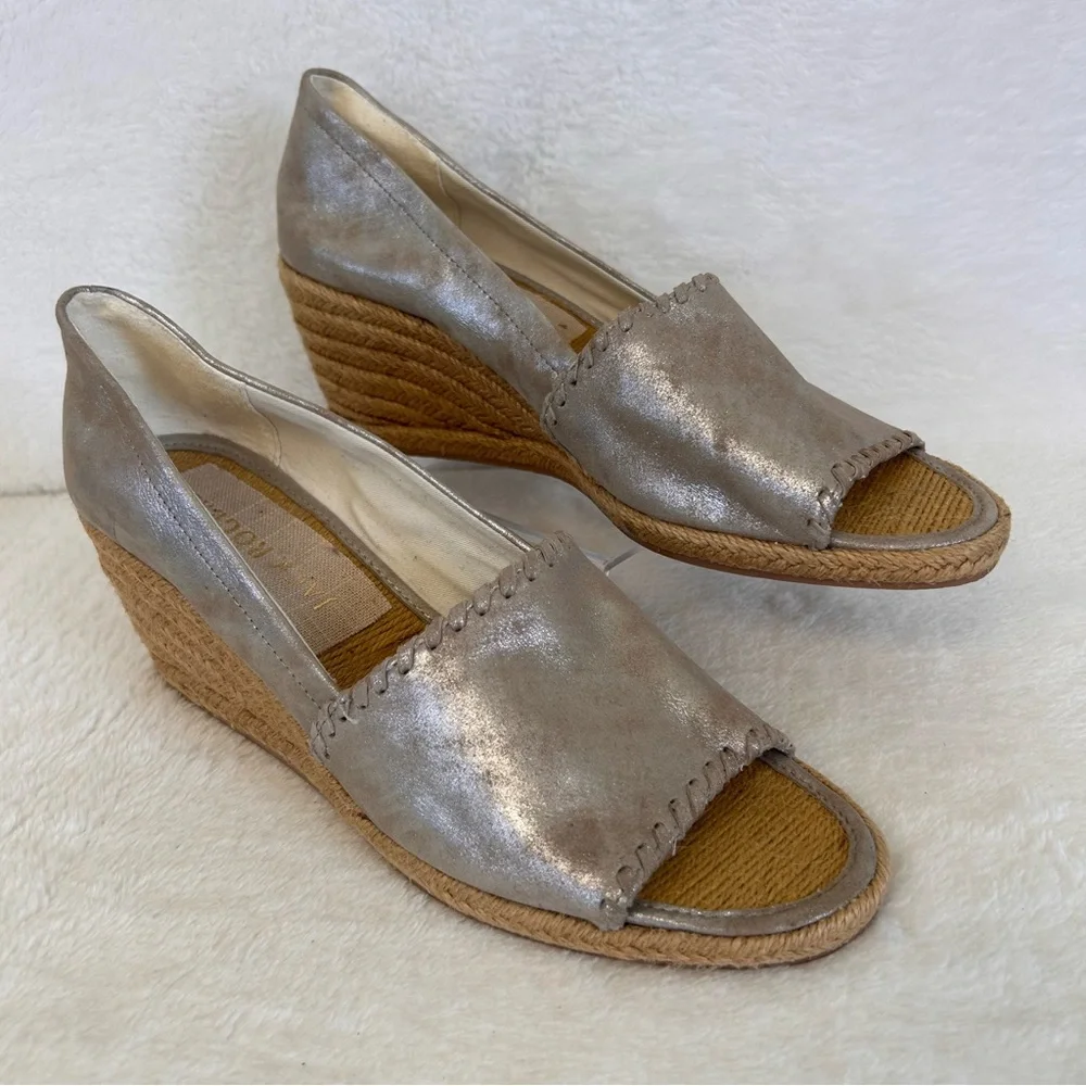 Jack Rogers Women's Sandals Size 9.5M Silver Metallic Leather Espadrille Wedge